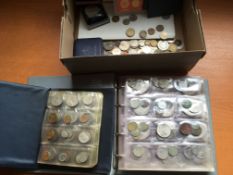 COINS: BOX WITH MIXED UK AND OVERSEAS IN TWO ALBUMS AND LOOSE,