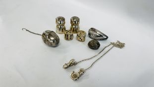 COLLECTION WHITE METAL ITEMS INCLUDING CRUET, NAPKIN HOLDERS, DICE ETC.