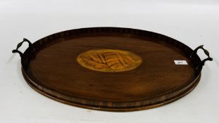 AN ANTIQUE MAHOGANY OVAL GALLERIED SERVING TRAY WITH INLAID SHELL DESIGN MOTIF, LENGTH 58CM,