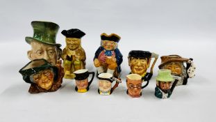 A GROUP OF TEN ASSORTED CHARACTER JUGS TO INCLUDE MINIATURES AND EXAMPLES MARKED BESWICK,