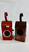 TWO VINTAGE RED ROAD PARAFFIN LAMPS TO INCLUDE BLADON SENTINEL AND KENYON SUPREME.