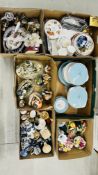 6 BOXES CONTAINING CHINA COLLECTIBLES, DINNERWARE, METALWARE, CAPO-DE-MONTE STYLE FIGURES,