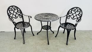 CAST METAL ANTIQUE EFFECT BISTRO SET COMPRISING OF CIRCULAR TABLE AND TWO CHAIRS.