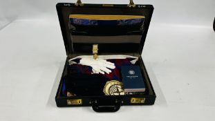 A LEATHER BRIEFCASE AND CONTENTS TO INCLUDE MASONIC REGALIA OF LOCAL NORFOLK INTEREST BADGES,