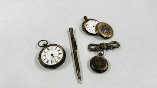 3 SILVER CASED POCKET WATCHES FOR REPAIR ALONG WITH A SILVER CASED PROPELLING PENCIL.