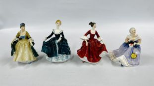 A GROUP OF FOUR ROYAL DOULTON FIGURINES TO INCLUDE HAPPY ANNIVERSARY HN3097, JANINE HN2461,