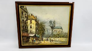 AN OIL ON CANVAS CONTINENTAL STREET SCENE BEARING SIGNATURE BARNETT, H 52CM X W 60CM.