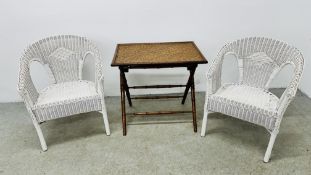 A PAIR OF WHITE FINISH WICKER TUB CHAIRS AND A BAMBOO FRAMED FOLDING TABLE WITH WEAVED TOP.