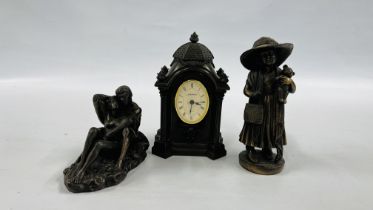 A GENESIS REPRO QUARTZ MANTEL CLOCK, 2 GENESIS FINE ARTS BRONZE EFFECT FIGURE STUDIES,