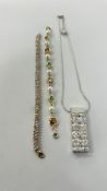 A SILVER DIAMANTE SET BRACELET, A DIAMONTE SET PENDANT NECKLACE AND A SILVER BRACELET.