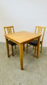 MODERN BEECH WOOD DINING TABLE ALONG WITH A SET OF 4 MATCHING BEECH WOOD DINING CHAIRS.
