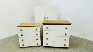 3 PIECES OF BEDROOM FURNITURE INCLUDING 3 DRAWER COMBINATION WARDROBE AND TWO 4 DRAWER CHESTS OF