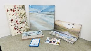 A GROUP OF 7 MODERN ART CANVASES TO INCLUDE COASTAL SCENES, BEACH HUTS, SKY SCENES, FLORAL ETC.