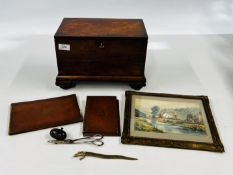 AN ANTIQUE OAK BOX WITH COLLECTIBLE ITEMS INCLUDING LIZARD, PAPER KNIFE, C19TH WATERCOLOUR,