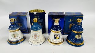 4 X COMMEMORATIVE "BELLS" WHISKY DECANTERS TO INCLUDE CELEBRATING 100 YEARS QUEEN ELIZABETH THE