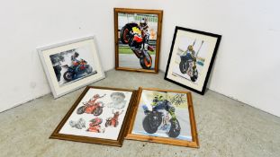 A GROUP OF MOTORBIKE RACING PICTURES TO INCLUDE A FRAMED PRINT / PHOTOGRAPH BEARING SIGNATURE.