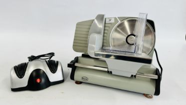 SWAN ELECTRIC FOOD SLICER ALONG WITH AN ELECTRIC KNIFE SHARPENER - SOLD AS SEEN.