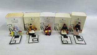 A GROUP OF FIVE ROYAL DOULTON BOXED MINIATURE STREET VENDORS TO INCLUDE SILKS & RIBBONS,