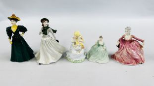 A GROUP OF FIVE COALPORT FIGURINES TO INCLUDE CANDIDA, THE GOOSE GIRL, JUSTINE,