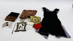 TRAY OF COLLECTIBLE ITEMS INCLUDING CIRCA 1920'S SWIMMING COSTUME, 1910 SILVER PHOTO FRAME AF,