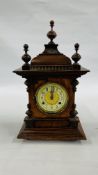 ANTIQUE MAHOGANY CASED MANTEL CLOCK WITH KEY AND PENDULUM - HEIGHT 44CM.