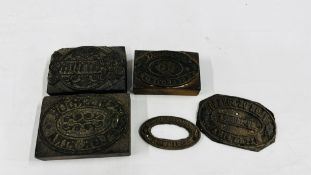 A GROUP OF THREE VINTAGE PRINTING BLOCKS AND TWO OTHERS TO INCLUDE EXAMPLES RELATED TO TOBACCO