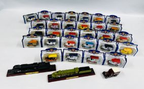 APPROXIMATELY 29 BOXED DIE-CAST MODEL VEHICLES TO INCLUDE OXFORD ALONG WITH TWO MOUNTED TRAIN