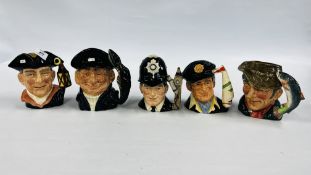 A GROUP OF FIVE ROYAL DOULTON CHARACTER JUGS TO INCLUDE THE LONDON BOBBY D6744, THE POACHER D6429,