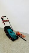 A BOSCH ROTAK 320 ER ELECTRIC LAWNMOWER + BLACK AND DECKER HEDGE TRIMMER - SOLD AS SEEN.