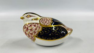 A ROYAL CROWN DERBY "PARTRIDGE" PAPERWEIGHT, GOLD STOPPER.