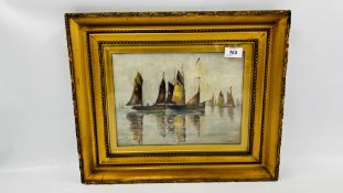 FRAMED OIL ON PANEL OF OLD BARGES ON A RIVER BEARING SIGNATURE C. YOUNG, 22CM X 30CM.