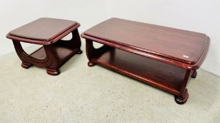 GOOD QUALITY MAHOGANY FINISH RECTANGULAR COFFEE TABLE WITH MATCHING LAMP TABLE.