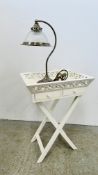 (R) WHITE PAINTED TWO DRAWER GALLERIED TRAY ON FOLDING STAND AND ANTIQUE EFFECT BRUSHED METAL TABLE