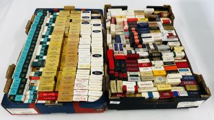 TWO BOXES CONTAINING AN EXTENSIVE COLLECTION OF EMPTY CIGARETTE BOXES TO INCLUDE KING GEORGE,