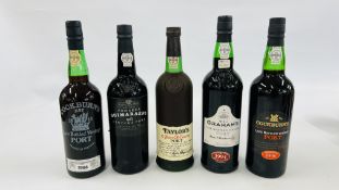 5 BOTTLES OF PORT TO INCLUDE 70CL TAYLORS 10 YEAR OLD TAWNY, 75CL COCKBURNS 1986 & 1996,