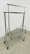 2 GOOD QUALITY CHROME FINISH WHEELED CLOTHES RAILS WITH LOWER TIER (LARGEST WIDTH 120CM).