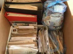 STAMPS: LARGE BOX GB STAMPS IN FOUR BINDERS AND LOOSE, FEW OVERSEAS, ALSO A BAG OLD PENNIES.