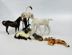 A GROUP OF CABINET ORNAMENTS TO INCLUDE A BESWICK HORSE A/F, USSR WHITE GLAZED HORSE,