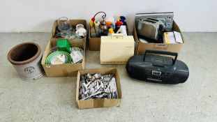 4 BOXES OF HOUSEHOLD EFFECTS TO INCLUDE FRISTER AND ROSSMANN ELECTRIC SEWING MACHINE,