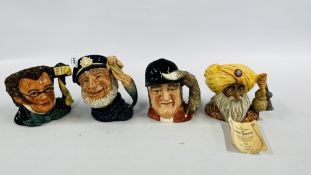 A GROUP OF FOUR ROYAL DOULTON CHARACTER JUGS TO INCLUDE GONE AWAY D6531, THE SNAKE CHARMER D6912,