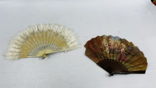 TWO VICTORIAN HAND PAINTED FANS, CHERUBS AND WATERFALL CONTINENTAL SCENE.