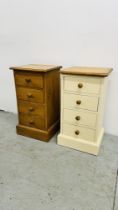 A PAIR OF SOLID PINE FOUR DRAWER BEDSIDE CHESTS (ONE PAINTED) EACH W 36CM D 32CM H 66CM.