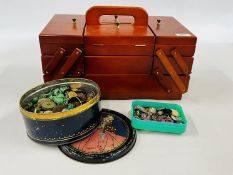 A CANTILEVER SEWING BOX AND MIXED CONTENTS & TIN VINTAGE BUTTONS.