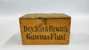 A VINTAGE WOODEN BOX TITLED "DAY, SON & HEWITTS GASEOUS FLUID" RETAINING ORIGINAL PAPER LABEL,