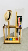 JACQUES LONDON REIGATE CROQUET SET ON STAND COMPLETE WITH ORIGINAL BOX (34 INCH MALLETS)