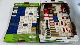 TWO BOXES CONTAINING AN EXTENSIVE COLLECTION OF EMPTY CIGARETTE BOXES TO INCLUDE KINGS SUPERKINGS,