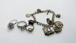 SELECTION OF 925 SILVER ITEMS CONSISTING OF A SINGLE GATED BRACELET WITH CHARMS AND A SELECTION OF
