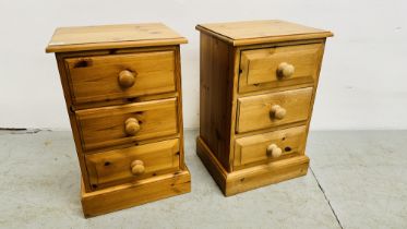 PAIR OF WAXED PINE 3 DRAWER BEDSIDE CABINETS W 40CM X D 34CM X H 61CM.