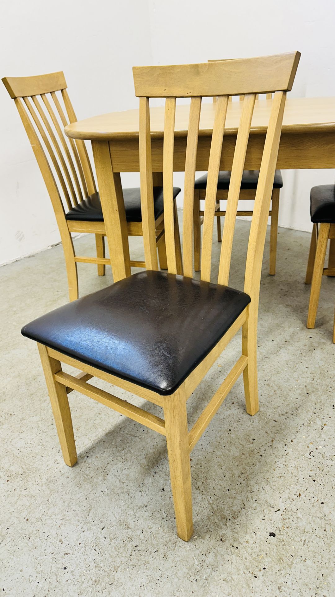 MODERN BEECHWOOD FINISH DINING TABLE AND SET OF 4 MATCHING CHAIRS WITH FAUX LEATHER SEATS. - Image 11 of 12