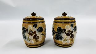 PAIR OF DOULTON LAMBETH TOBACCO JARS SIGNED BY EA (ELIZABETH ATKINS) (SMALL RIM REPAIR TO ONE) 13.